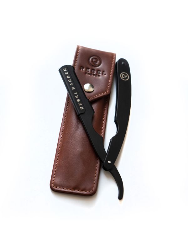 Straight razor with protection and replaceable blade REBELTY Protector Black with leather case